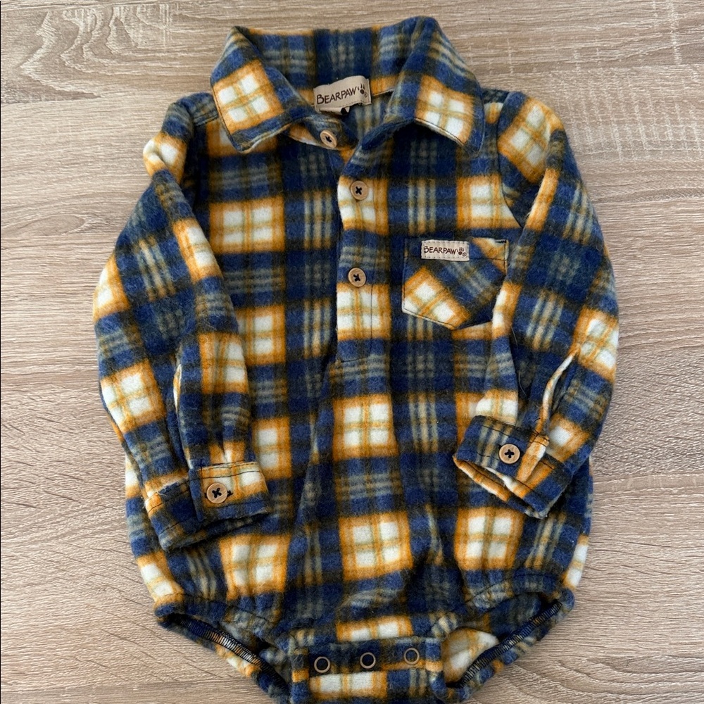 BearPaw Kids Checkered Button Down Shirt - Navy and Mustard snaps at the crotch